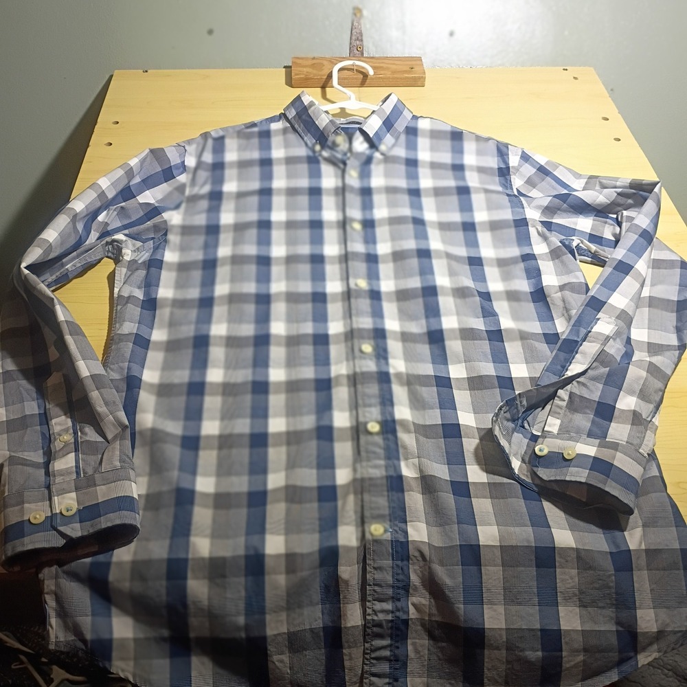 Banana Republic Button Down Shirt Mens L Blue Plaid Grant Fit Supima Cotton